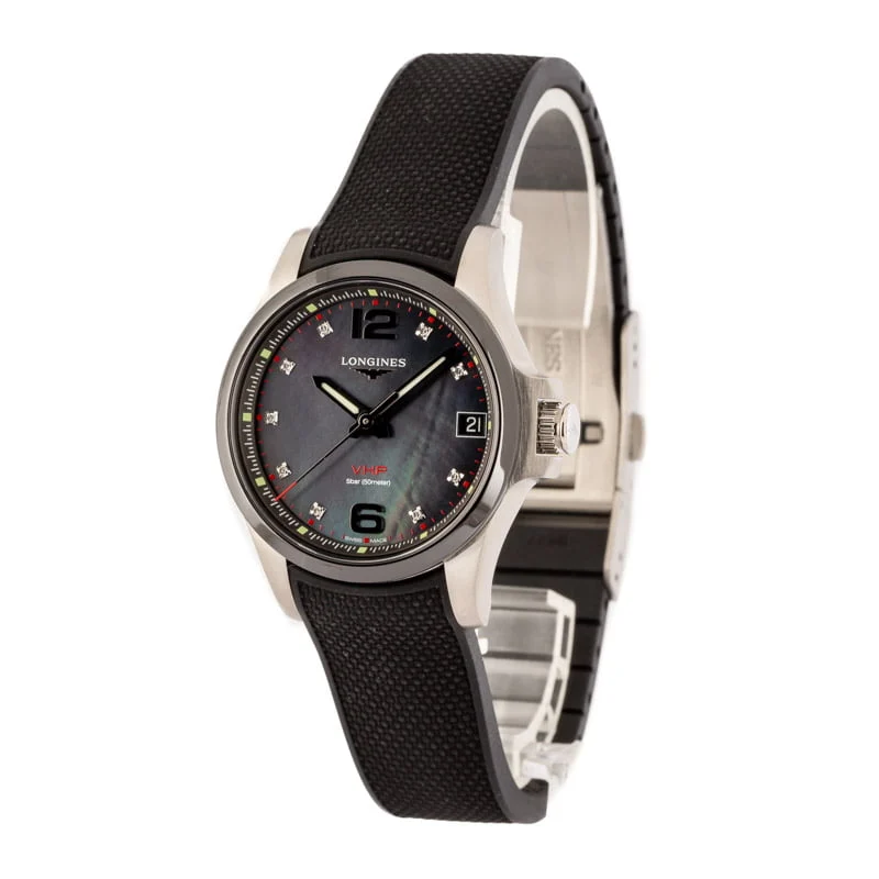 Ladies Longines Conquest V.H.P. Black Mother of Pearl Diamond Dial — women's luxury watches at Lume Wrist Watches
