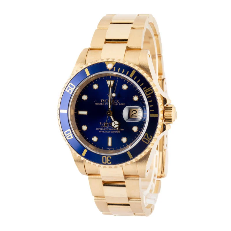 Yellow Gold Rolex Submariner ref 16618 Blue Dial