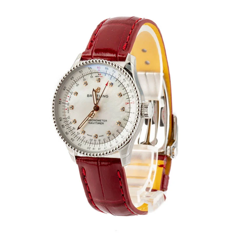 Breitling Navitimer Automatic 35 Steel on Red Leather Strap — stainless steel watches at Lume Wrist Watches
