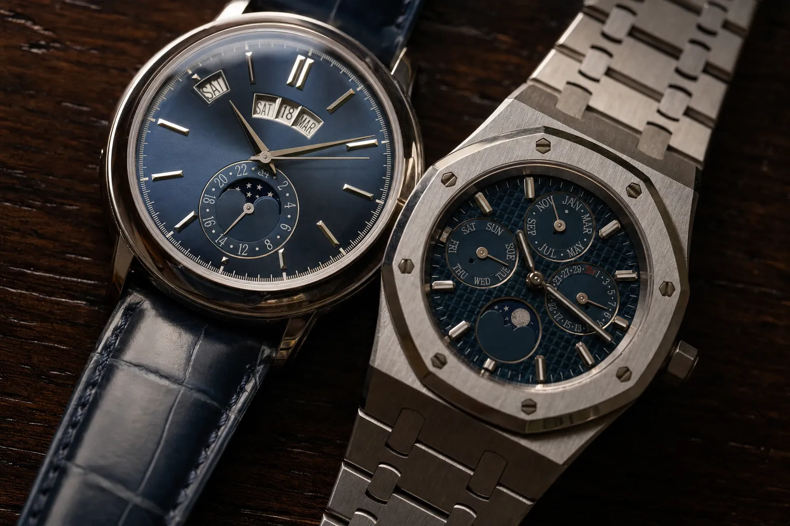 Patek Philippe Annual Calendar and Audemars Piguet Perpetual Calendar displayed side by side on dark wood