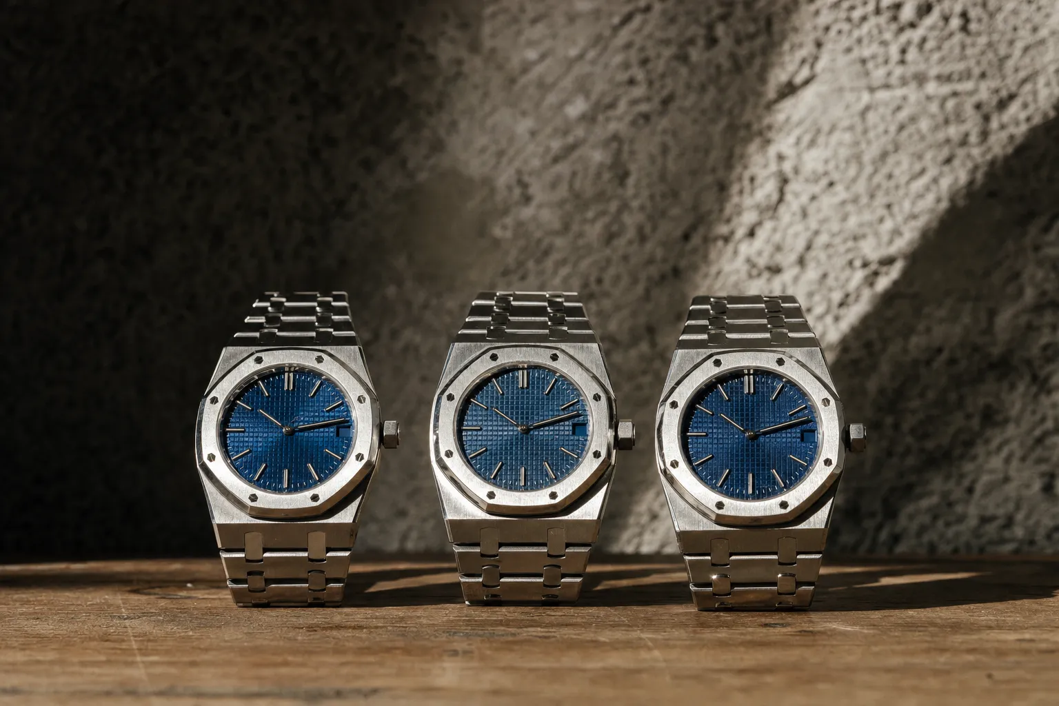 Audemars Piguet Royal Oak 15400 vs 15500 vs 15510 stainless steel blue dials side by side