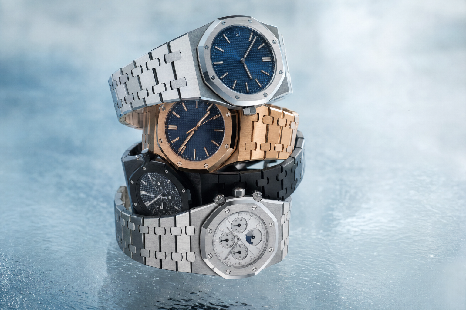 Collection of Audemars Piguet Royal Oak watches in steel, gold, and ceramic, highlighting design versatility and material variations.