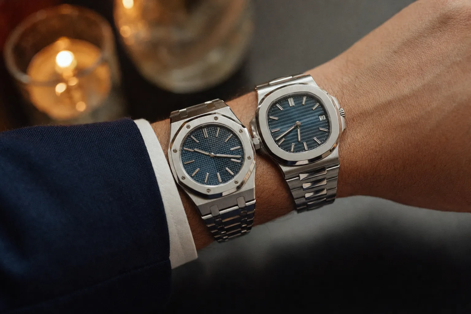 Audemars Piguet Royal Oak versus Patek Philippe Nautilus side by side on dark slate surface