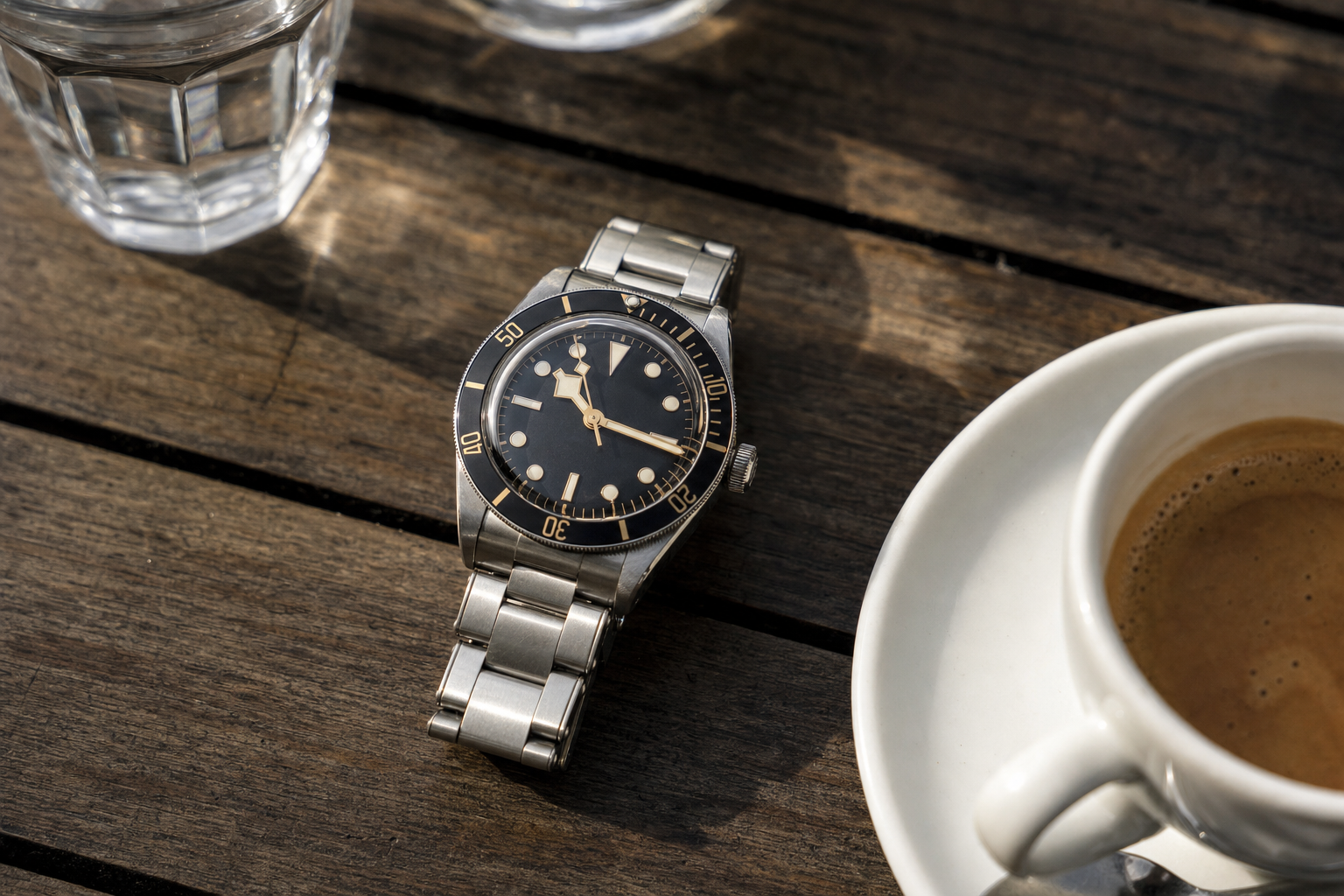 Close-up of a Tudor Black Bay Fifty-Eight on a steel bracelet, an exemplary luxury watch under $10,000 with vintage appeal and robust movement.