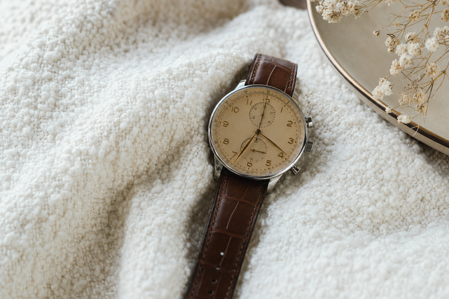 Elegant IWC Portugieser Chronograph with a distinctive dune arabic dial, an iconic dress watch demonstrating high horology within the $10,000 price point.