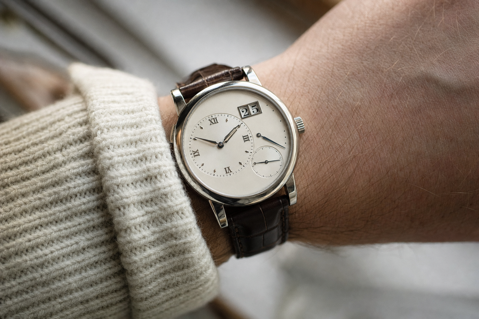 Detailed image of A. Lange & Söhne Lange 1 dial with off-center display and distinct large date aperture
