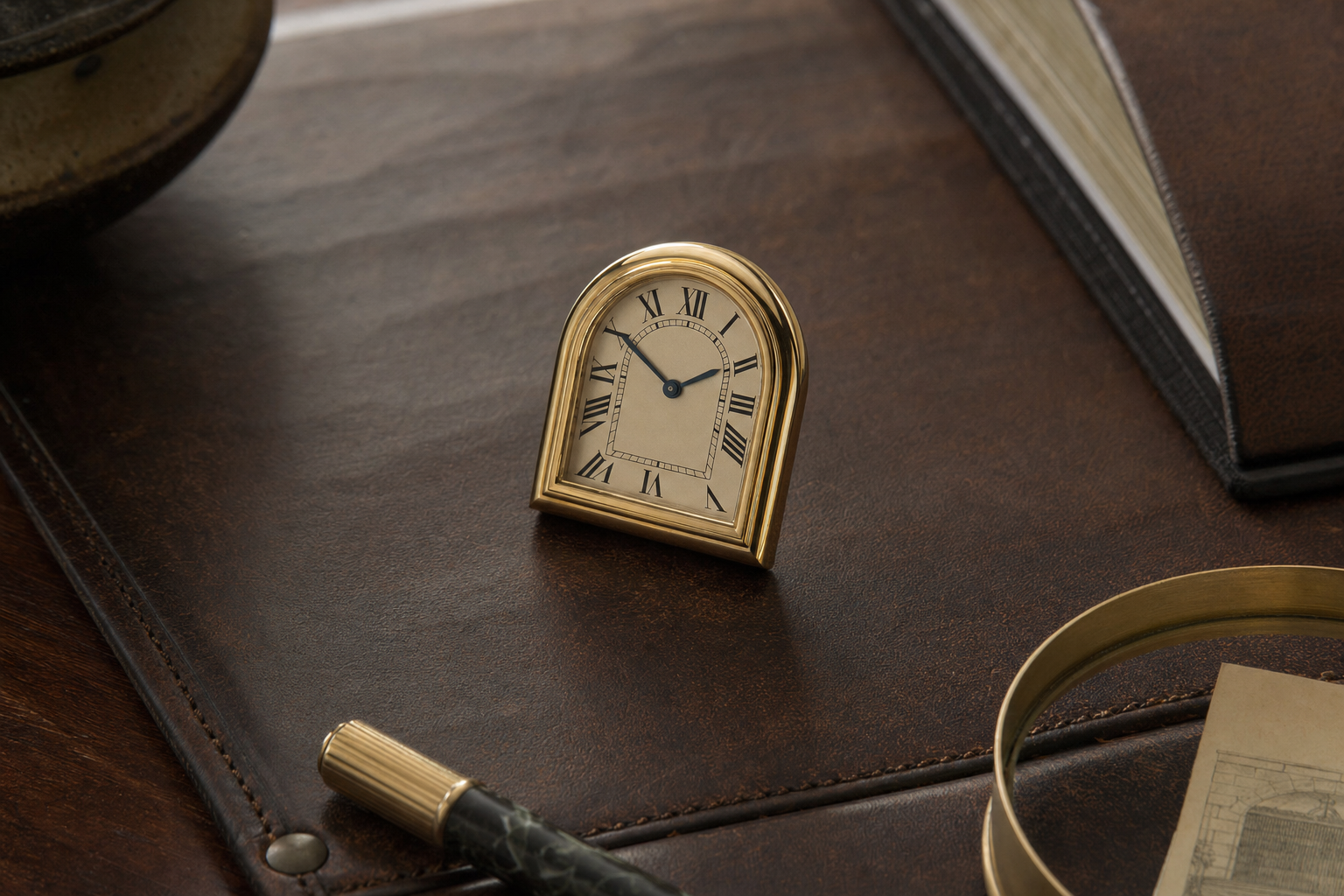 Yellow gold Cartier Cloche Privé watch displayed standing upright as a miniature desk clock