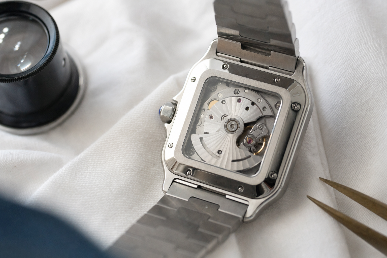Iconic Cartier Santos de Cartier stainless steel watch with white dial, blued hands, and exposed screw bezel on an integrated bracelet, representing modern luxury sports watch investment.