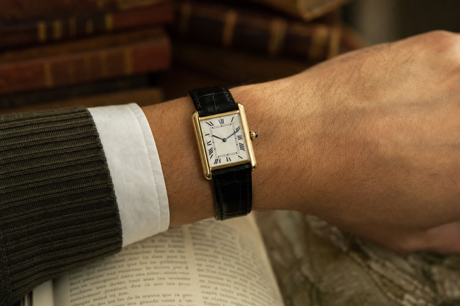 Close-up of a Cartier Tank Louis Cartier in yellow gold, classic elegance and heritage design.