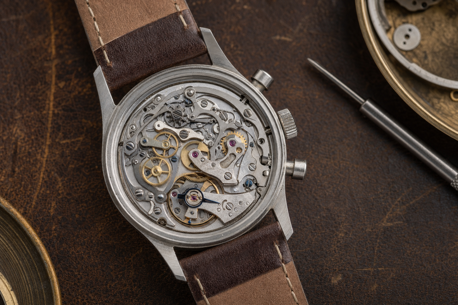 Close-up of a luxury mechanical chronograph movement's column wheel and gear train, illustrating precision Swiss watchmaking.