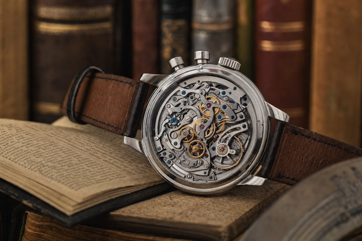 Intricate column wheel chronograph movement showing blued screws, ruby jewels, and delicate levers