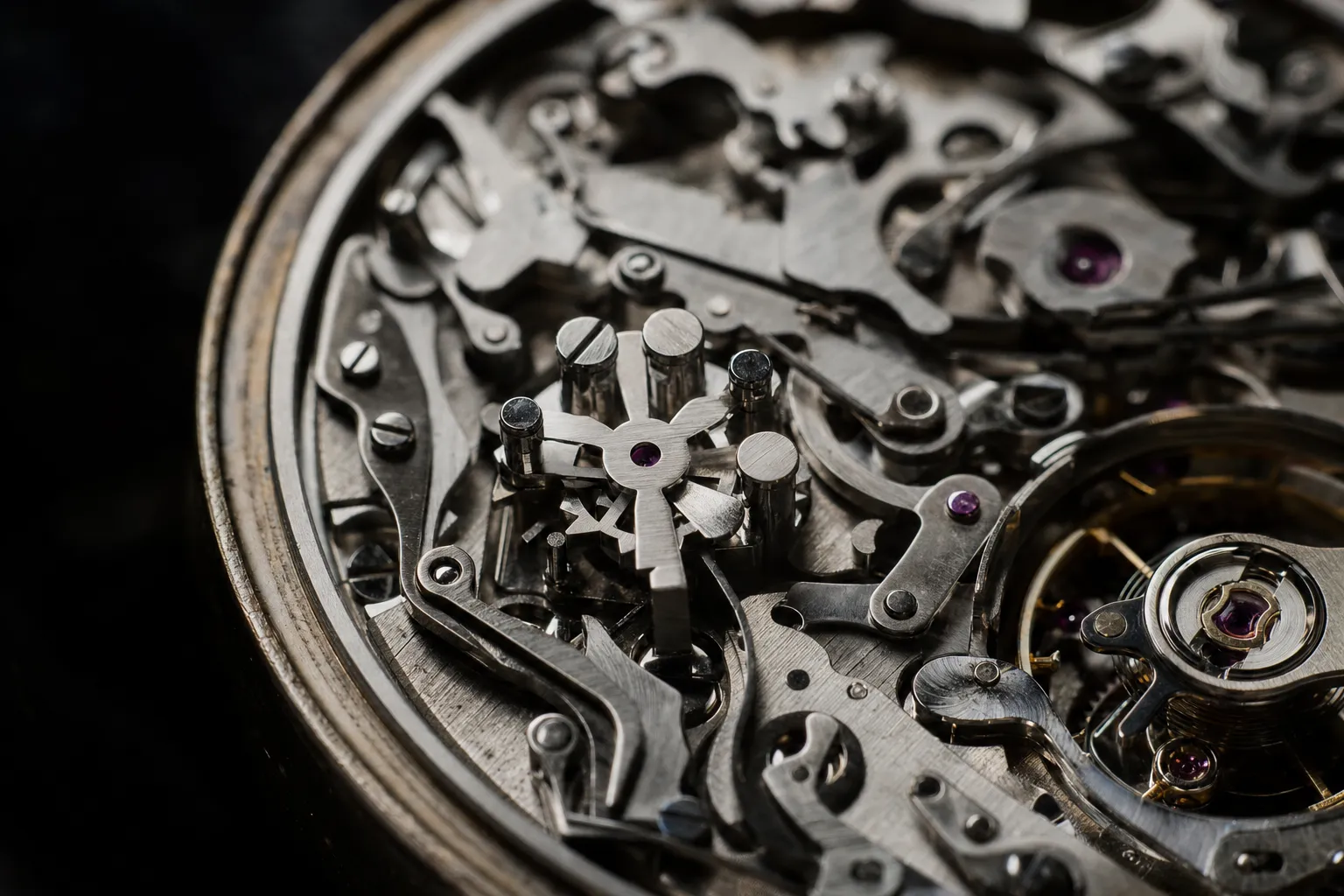 Macro view of luxury mechanical chronograph movement highlighting polished column wheel and clutch levers