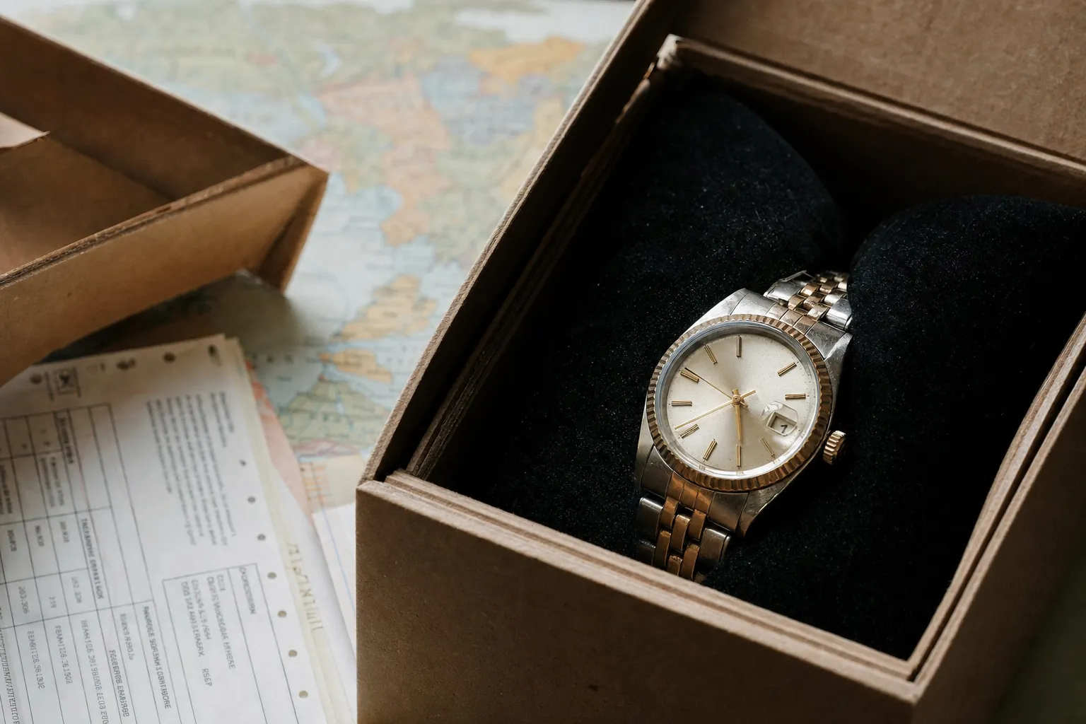Luxury watch in a shipping box, representing international purchase logistics and global market access