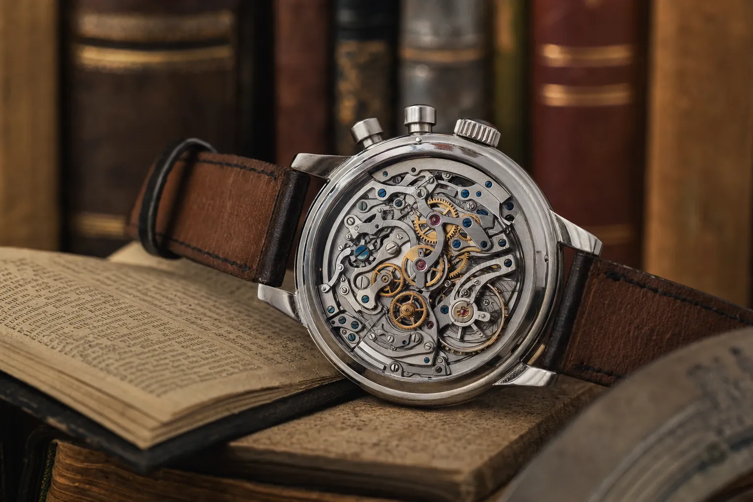 Intricate column wheel chronograph movement showing blued screws, ruby jewels, and delicate levers