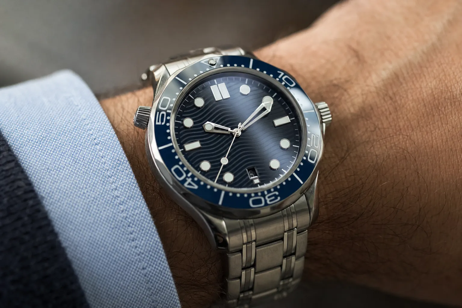 Stainless steel Omega Seamaster Professional Diver 300M with blue ceramic bezel for everyday luxury wear