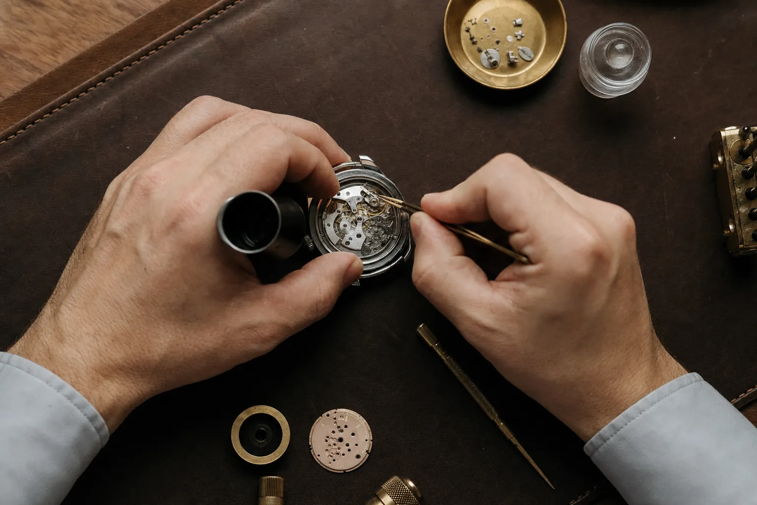 Expert watchmaker authenticating a luxury watch movement with precision tools in a professional setting.