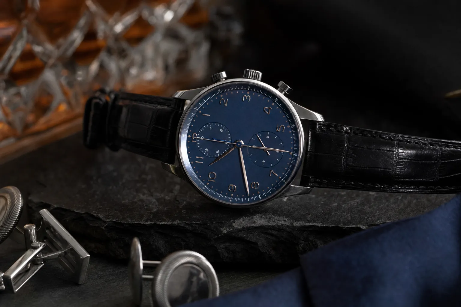 IWC Portugieser Chronograph Ref. 3716 in stainless steel, blue dial, blued hands, two silver sub-dials, on a blue leather strap.