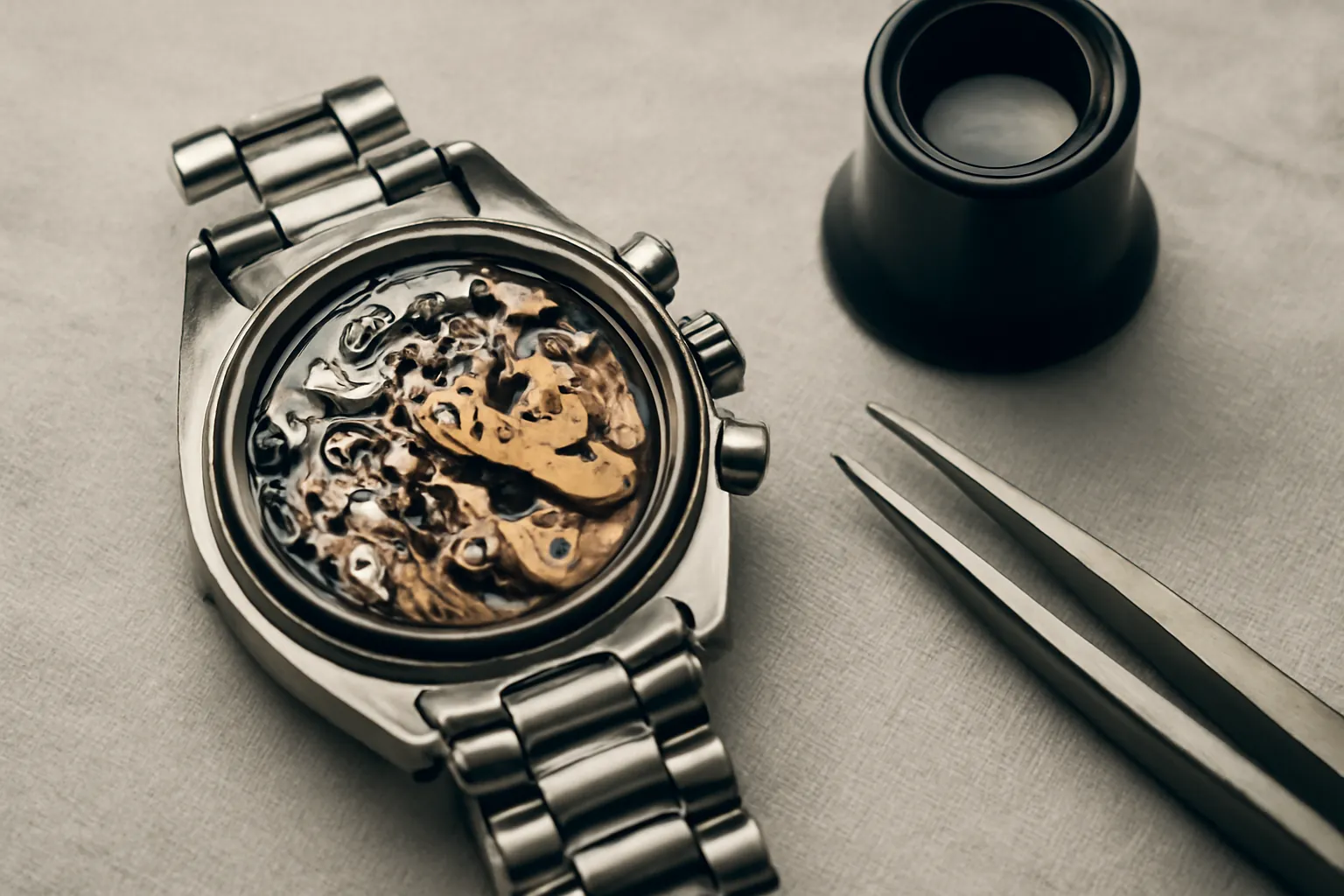 Vintage Omega Speedmaster Moonwatch chronograph with black dial and tachymeter bezel on stainless steel bracelet
