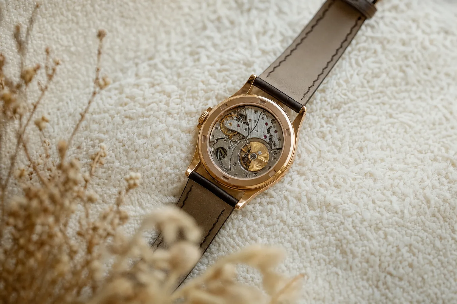 Close-up of Patek Philippe Caliber 240 PS C automatic movement, showcasing micro-rotor and exquisite finishing