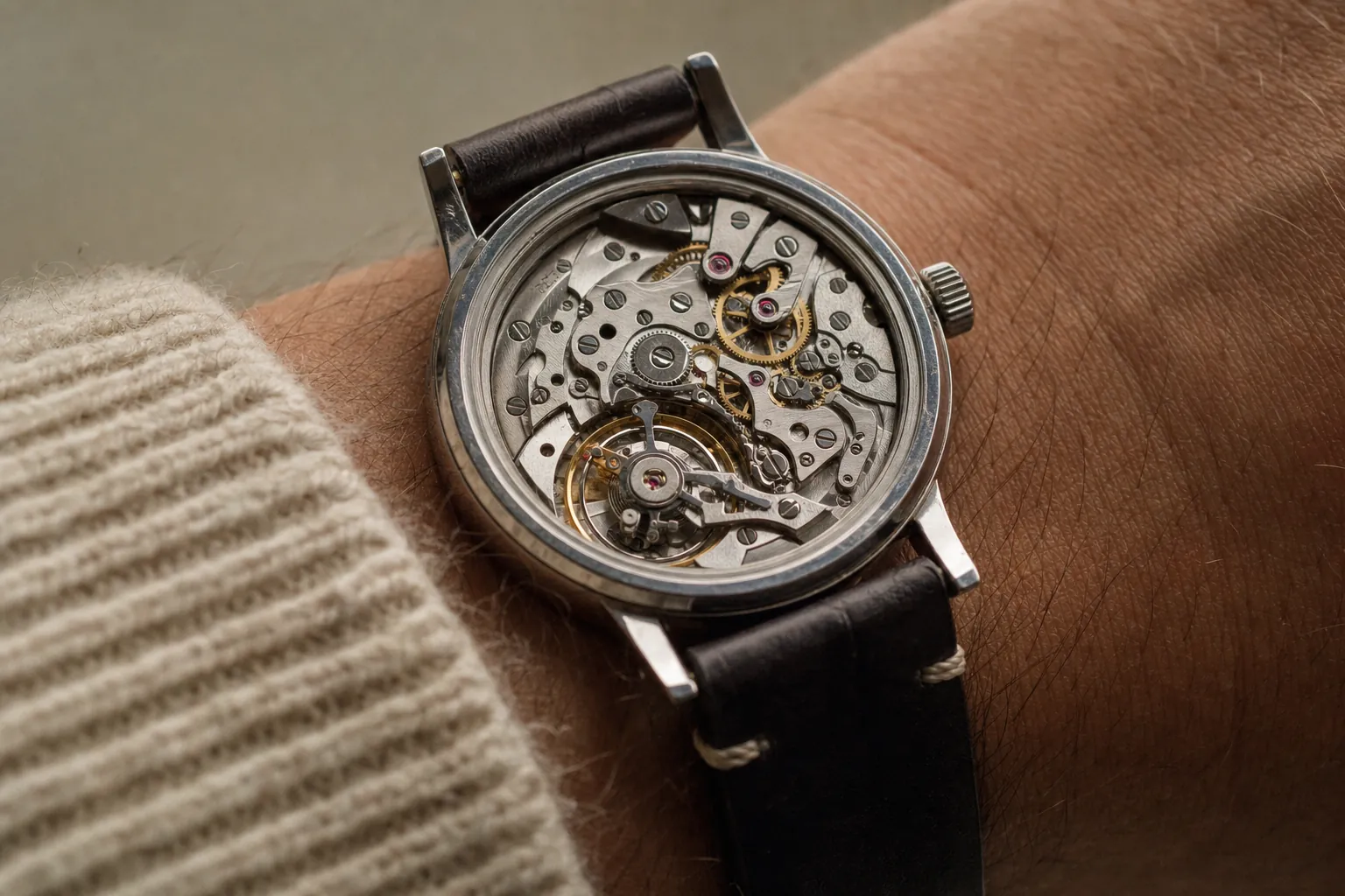 Intricate mechanical watch movement with visible gears, balance wheel, and ruby jewels under magnification, representing the complexity of horology.
