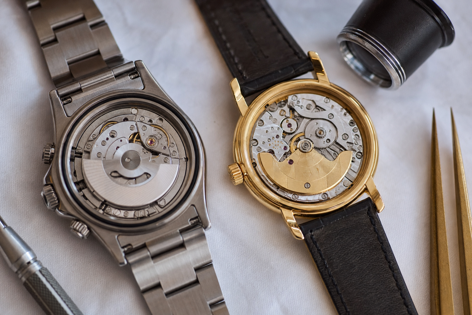 Close-up comparison of a stainless steel Rolex Daytona and a yellow gold Patek Philippe Calatrava, symbolizing investment choices