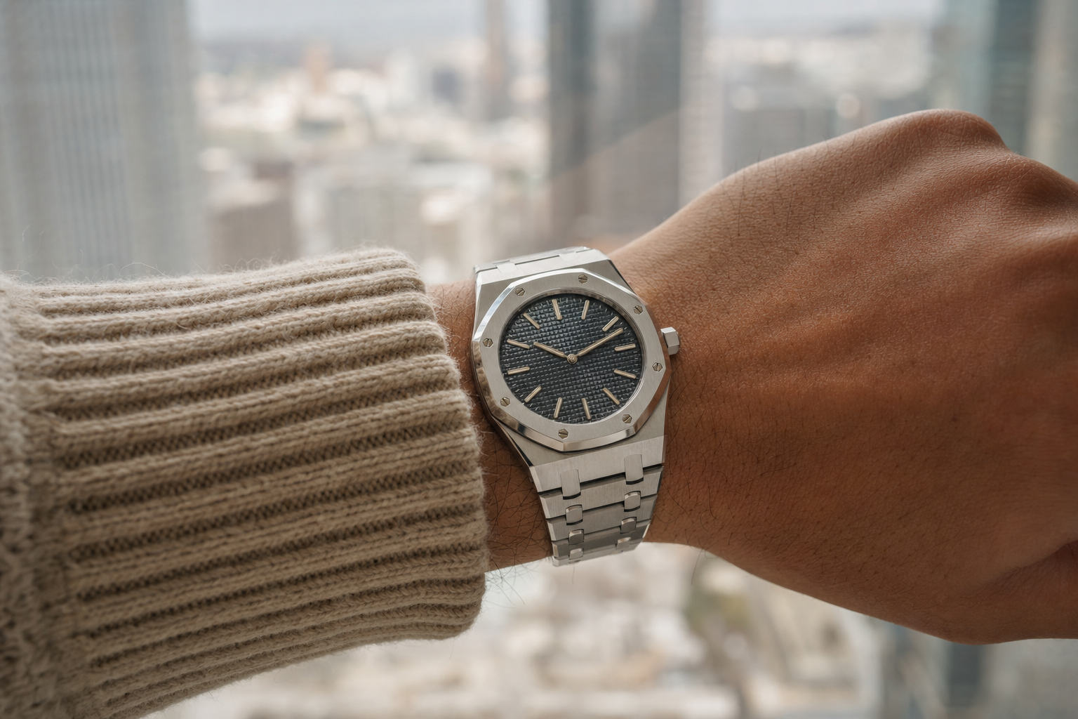 Iconic steel Audemars Piguet Royal Oak 'Jumbo' on wrist, representing luxury sports watch investment