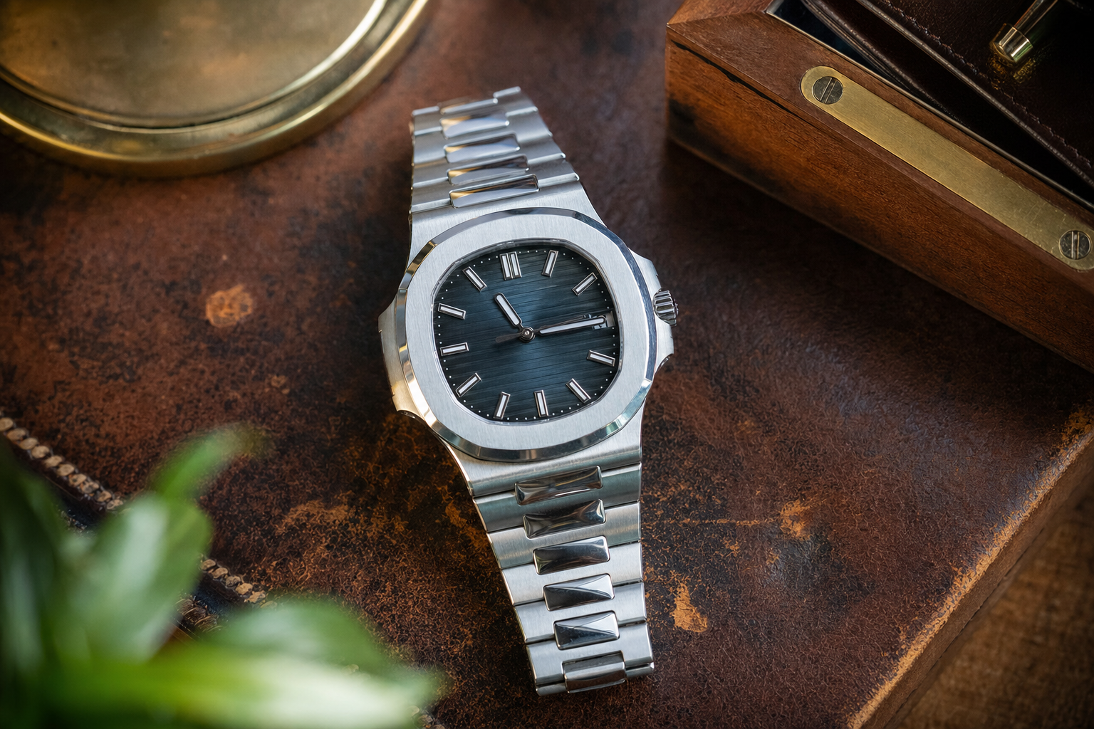 Close-up of a Patek Philippe Nautilus 5711/1A steel watch, highlighting its iconic blue dial and integrated bracelet, representing current market value.