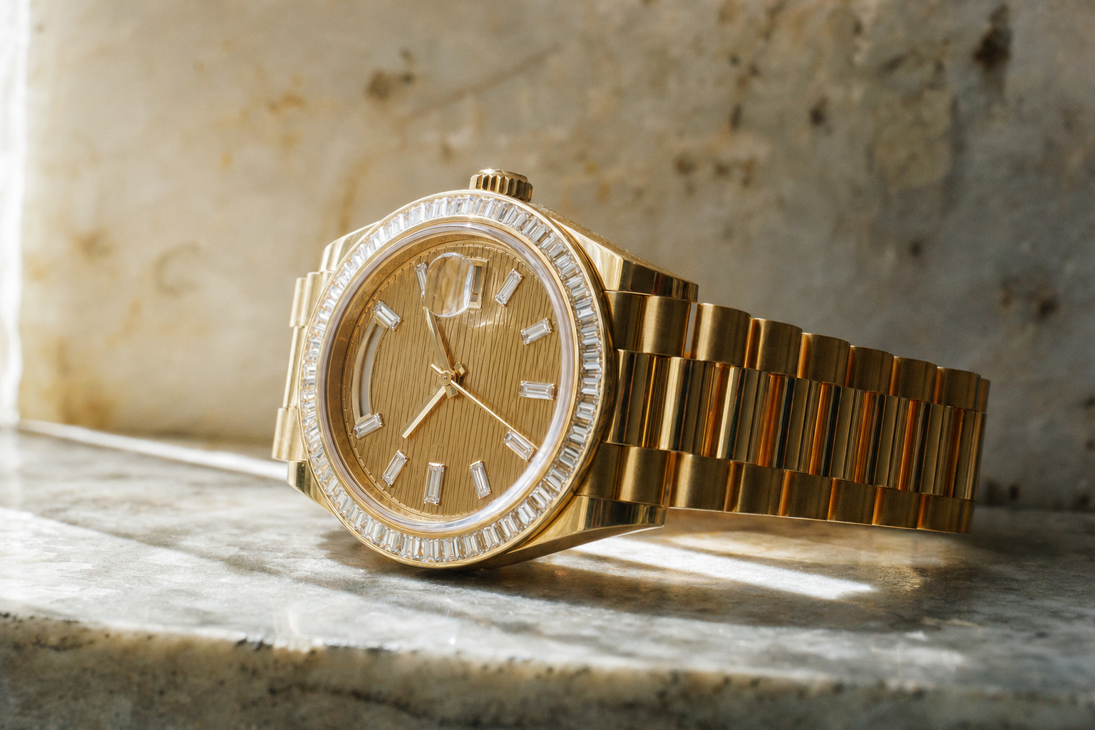 Factory-set yellow gold Rolex Day-Date with baguette diamond bezel and champagne dial
