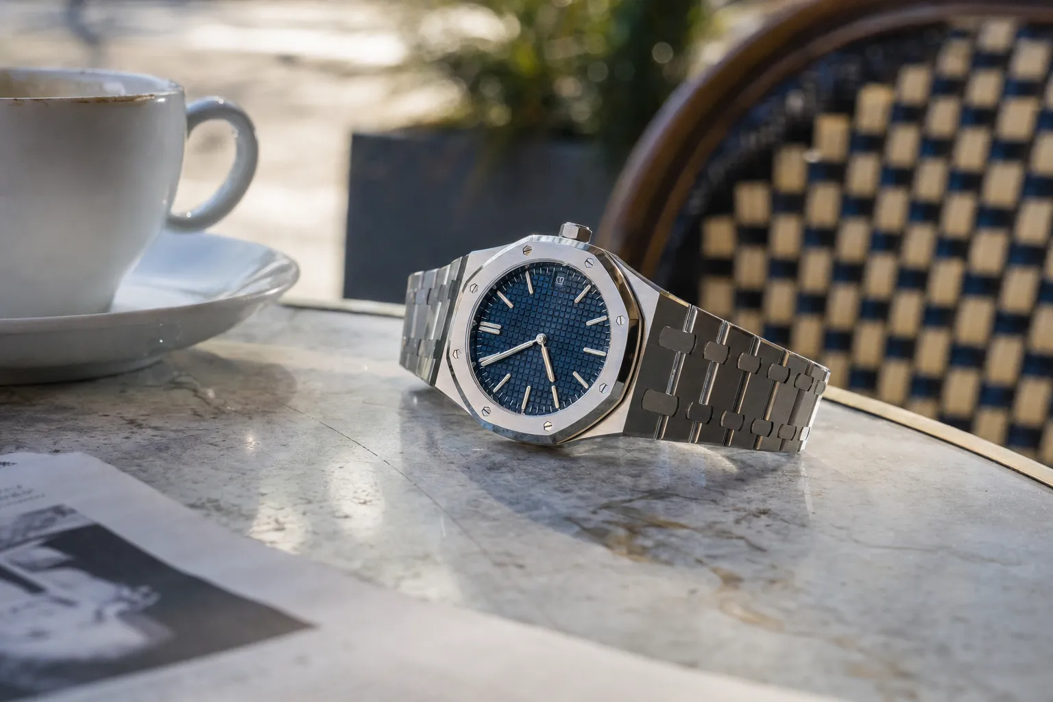 Audemars Piguet Royal Oak 15510ST stainless steel blue dial luxury watch on marble