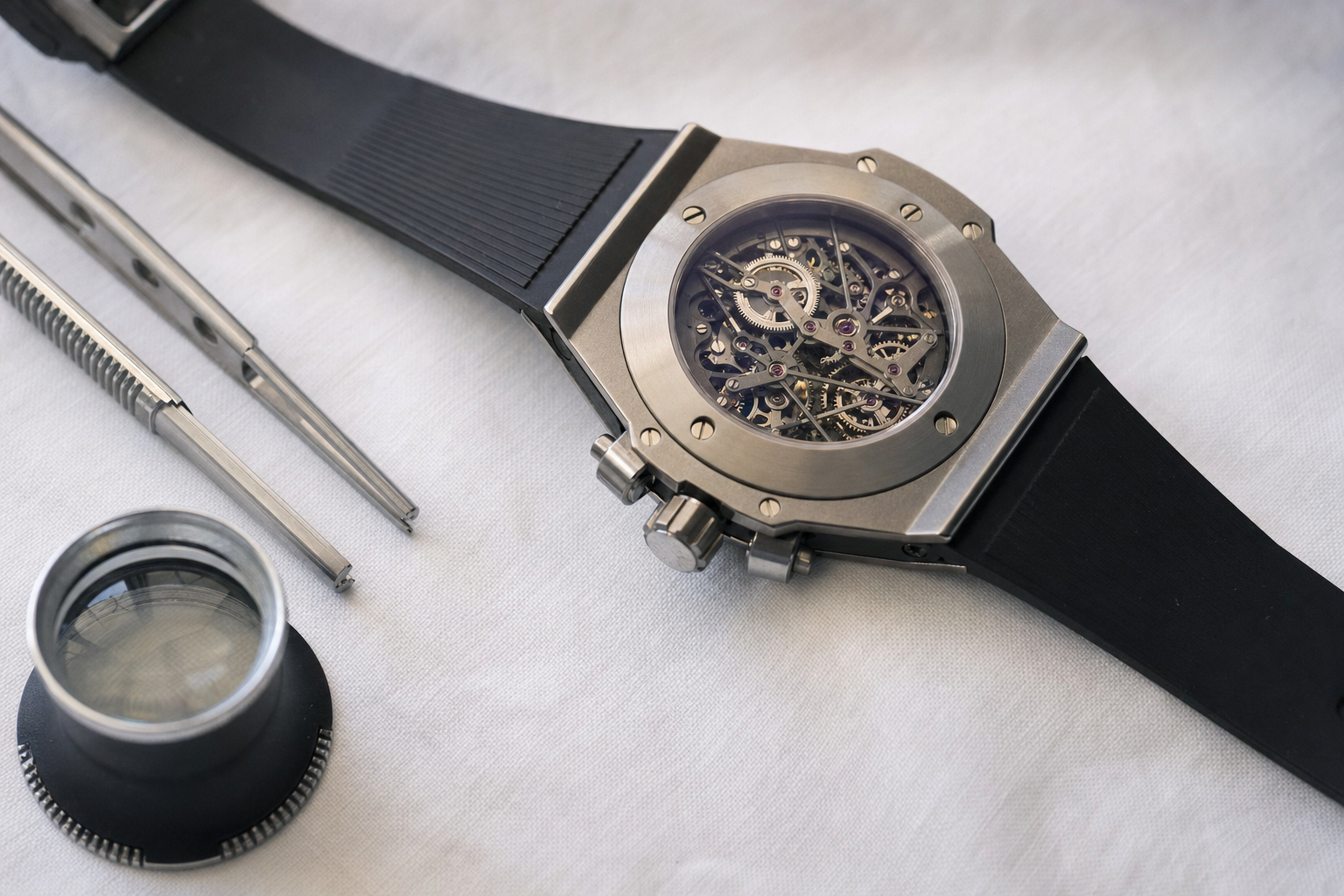 Hublot Big Bang Unico Titanium on a wrist, showcasing its signature porthole design and integrated rubber strap.