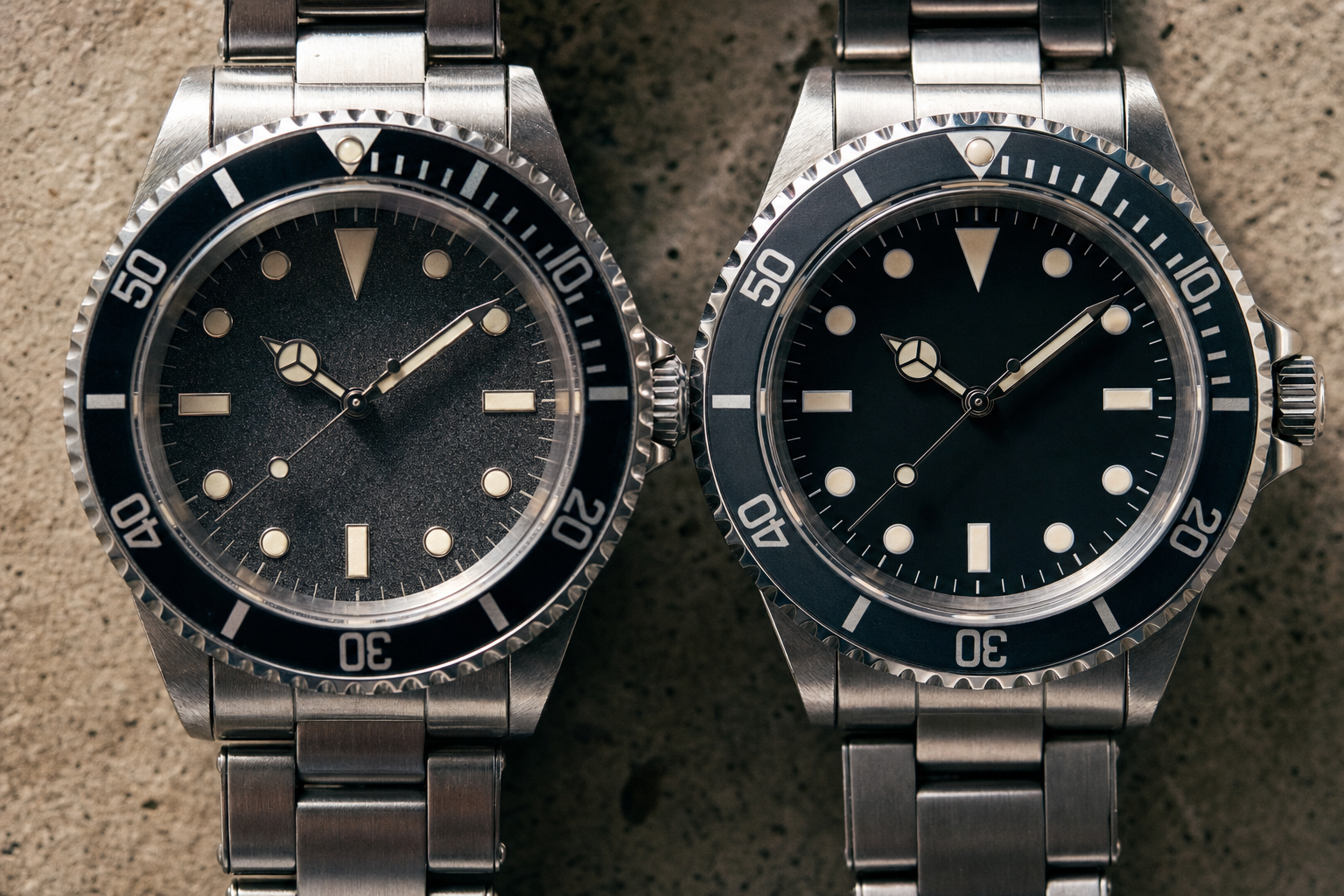Side-by-side comparison of a counterfeit watch dial and an authentic luxury watch dial, showcasing key identification markers.