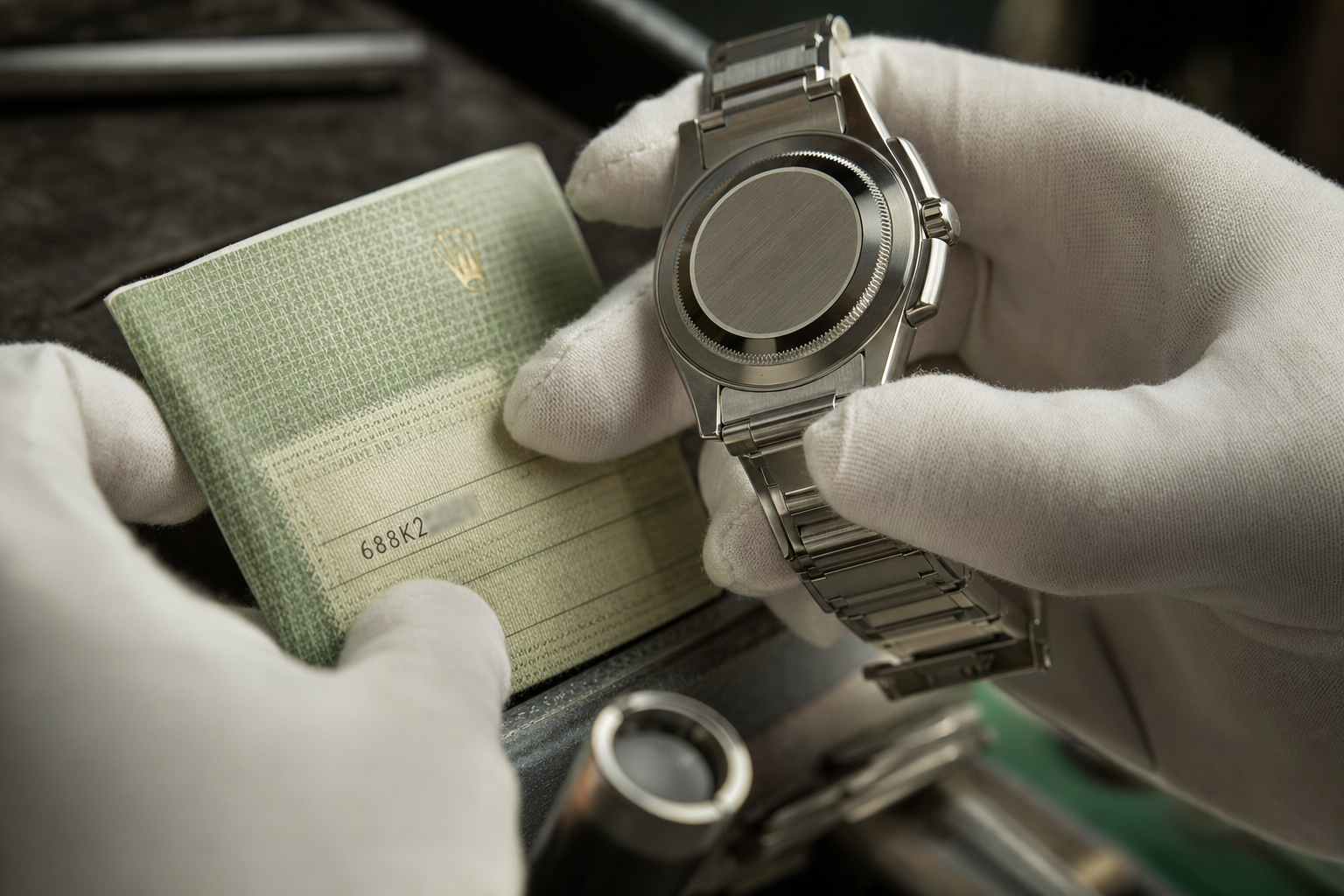 Detailed inspection of a luxury watch's engraved serial number on the case back, cross-referenced with its official documentation for authenticity.