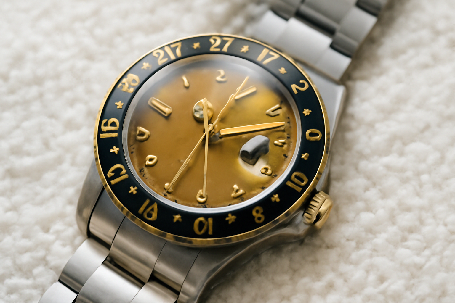 Close up of Rolex GMT-Master 1675 pointed crown guards and gilt dial detail