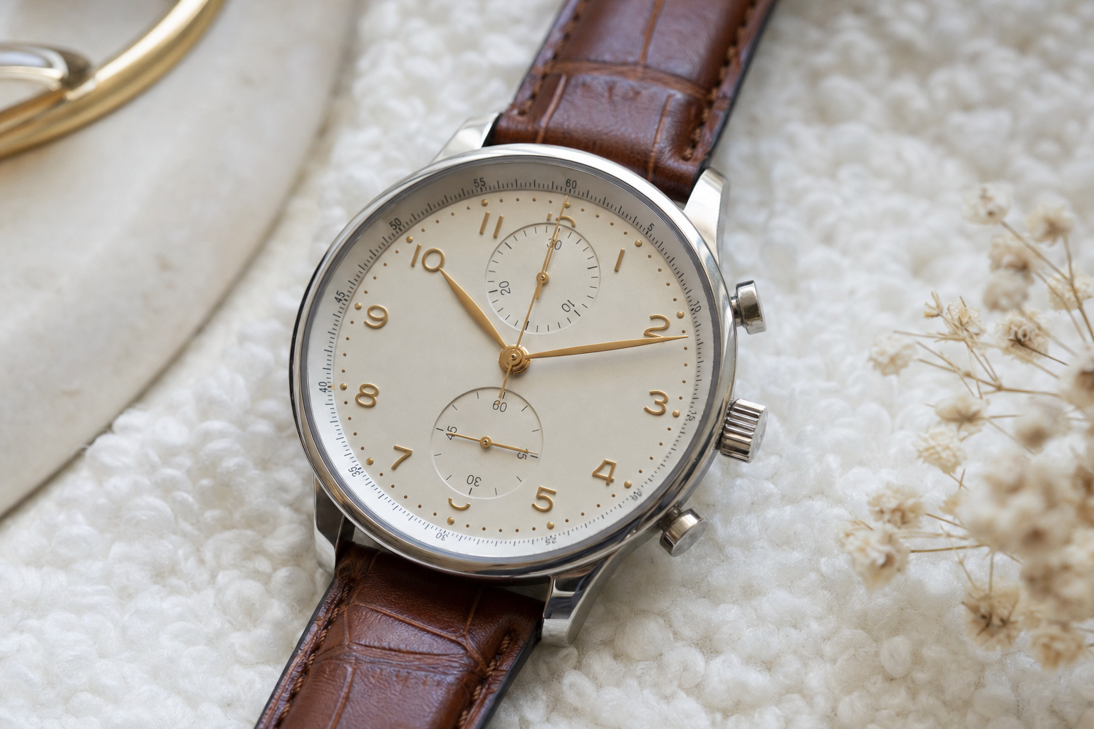 IWC Portugieser Chronograph Ref. 3714 silver dial, gold Arabic numerals, gold leaf hands, 30-minute counter at 12 o'clock, small seconds at 6 o'clock.