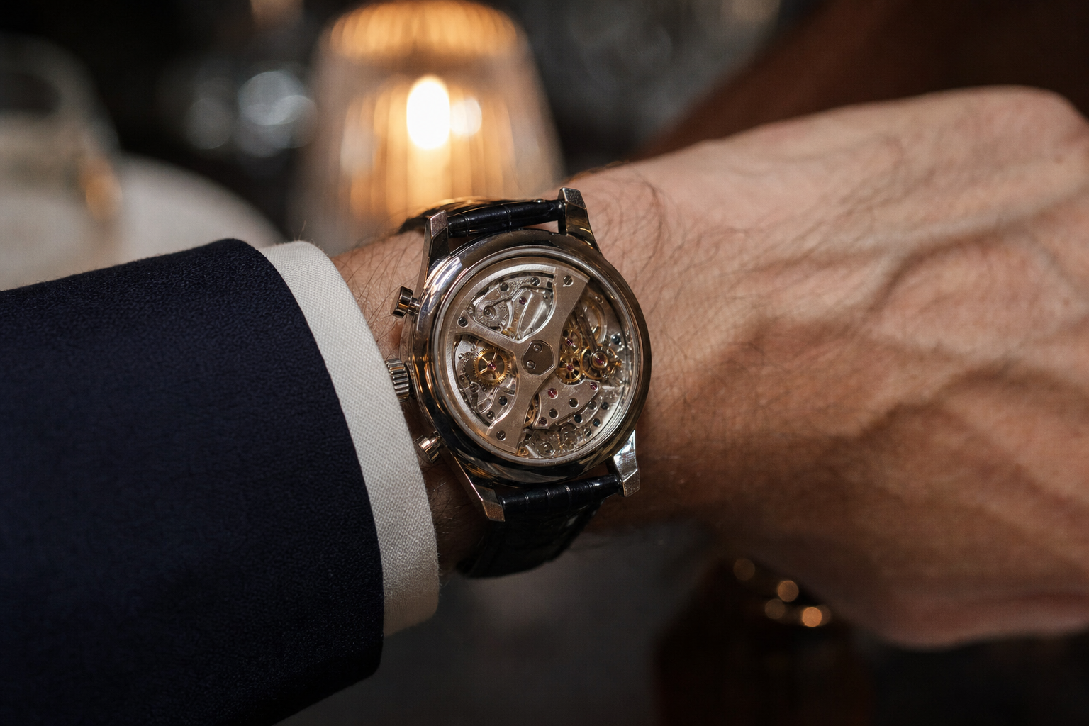 Intricate IWC Caliber 69355 automatic column-wheel chronograph movement, visible through a clear sapphire case back, decorated with Côtes de Genève.