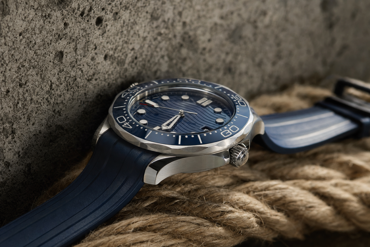 Technologically advanced Omega Seamaster Diver 300M with blue ceramic dial, showing co-axial movement prowess and elegant design.
