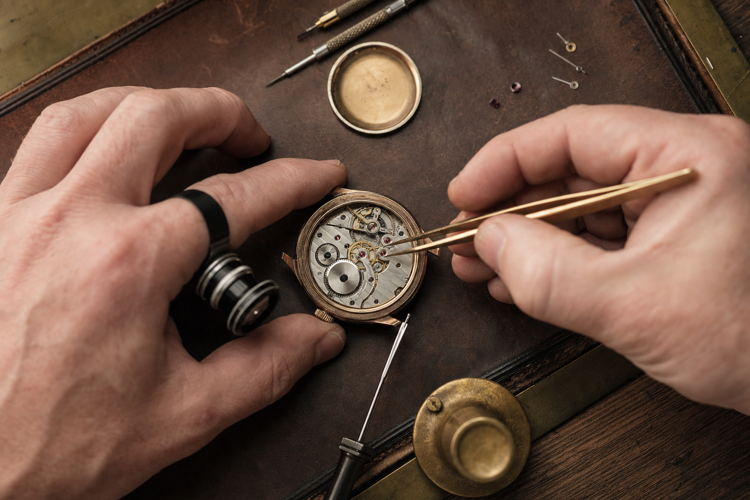 Watchmaker's hands servicing a luxury mechanical watch movement, highlighting gears and jewels with specialized tools.