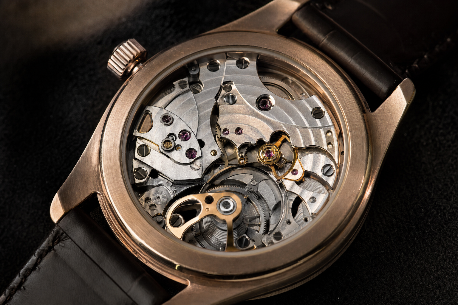 Detailed view of an Omega Co-Axial Master Chronometer movement through a transparent case back, showing intricate gears and anti-magnetic components.