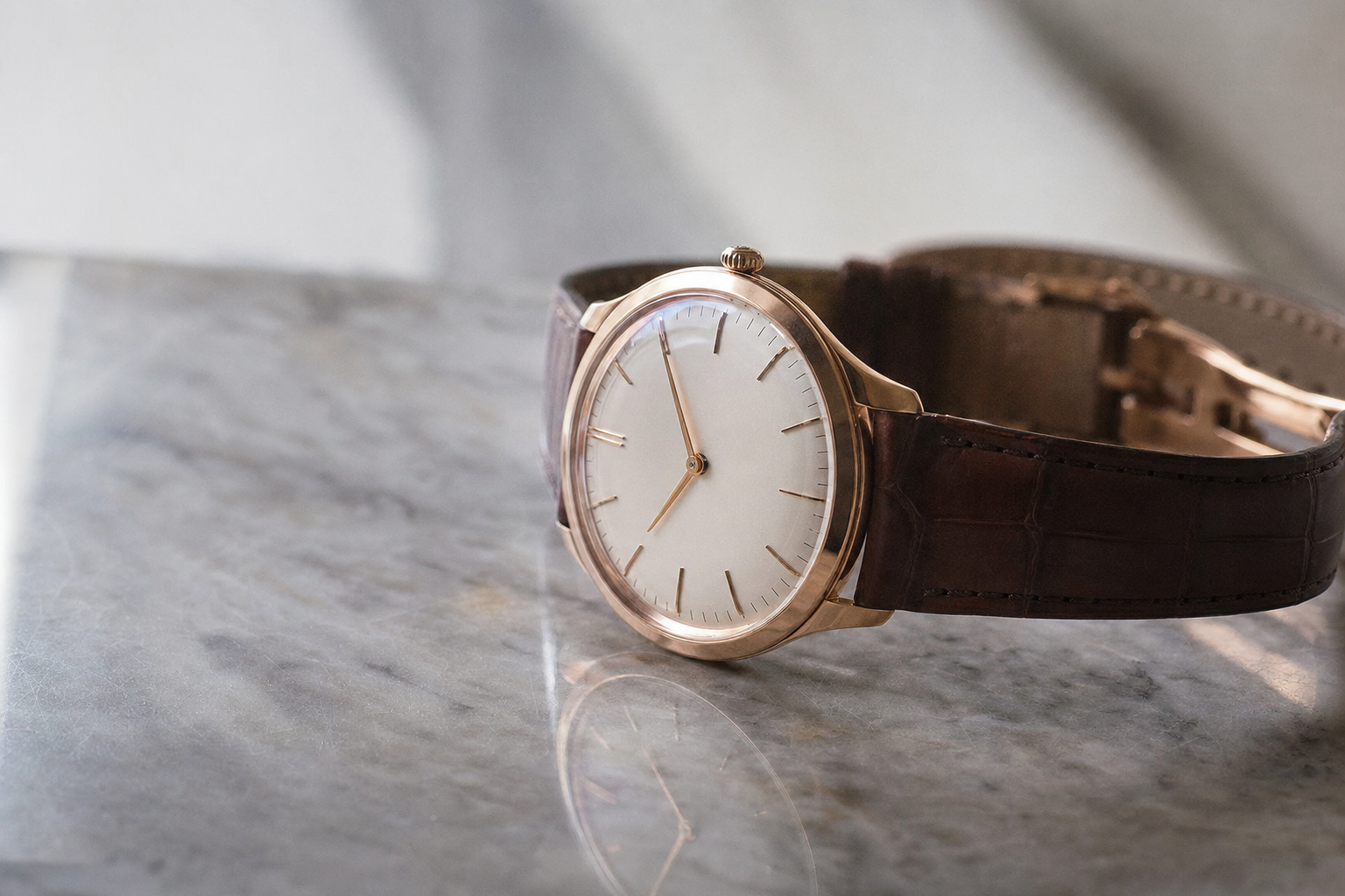 Elegant Omega De Ville Trésor in Sedna gold, a classic dress watch with a domed dial and slim profile.