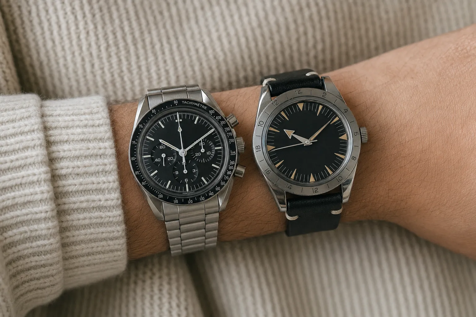 Omega Speedmaster 57 compared side by side with Omega Speedmaster Professional Moonwatch chronograph