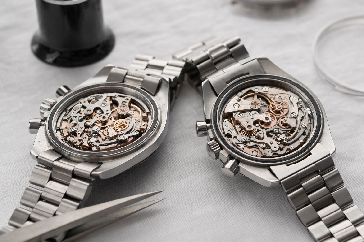 Omega Speedmaster Hesalite vs Sapphire Sandwich chronographs side by side comparison on neutral background