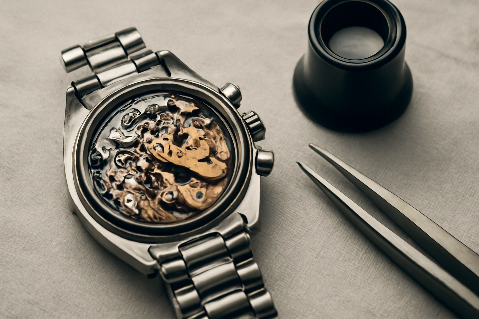 Vintage Omega Speedmaster Moonwatch chronograph with black dial and tachymeter bezel on stainless steel bracelet