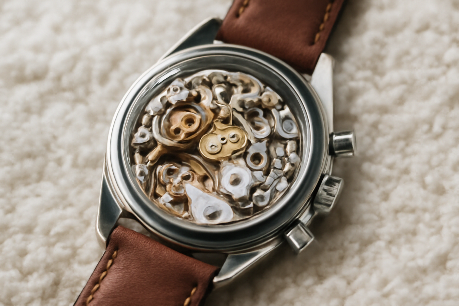 Detailed manual wind Calibre 3861 movement inside an Omega Speedmaster Sapphire Sandwich display caseback