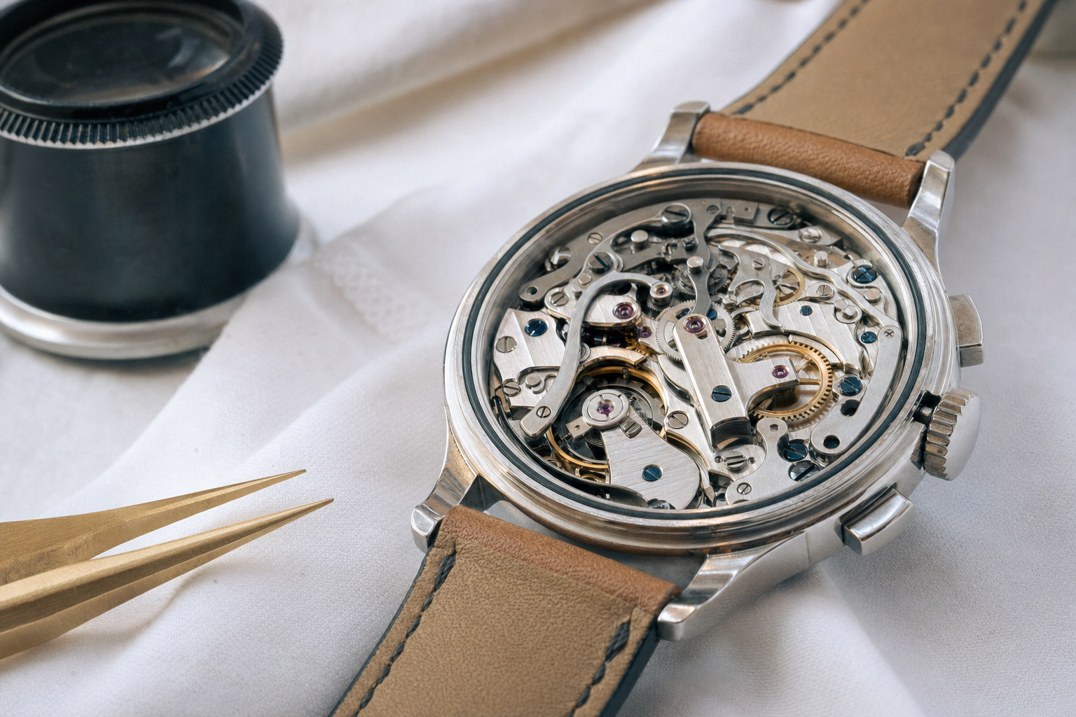 Macro detail of Patek Philippe chronograph movement, highlighting Geneva stripes, polished screws, and chamfered edges