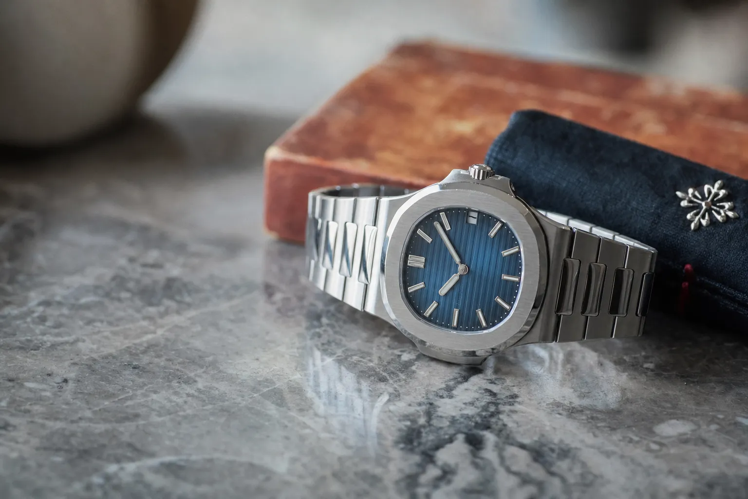 Patek Philippe Nautilus Tiffany stamped blue dial luxury watch on steel bracelet