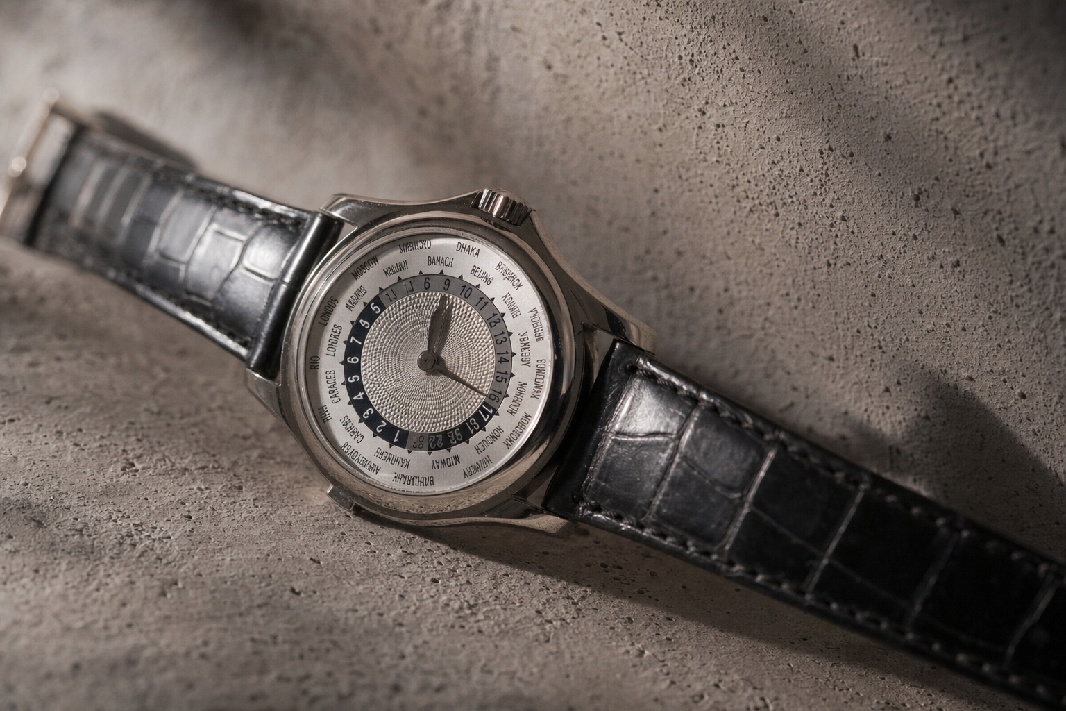Patek Philippe World Time 5110G white gold luxury watch on alligator leather strap