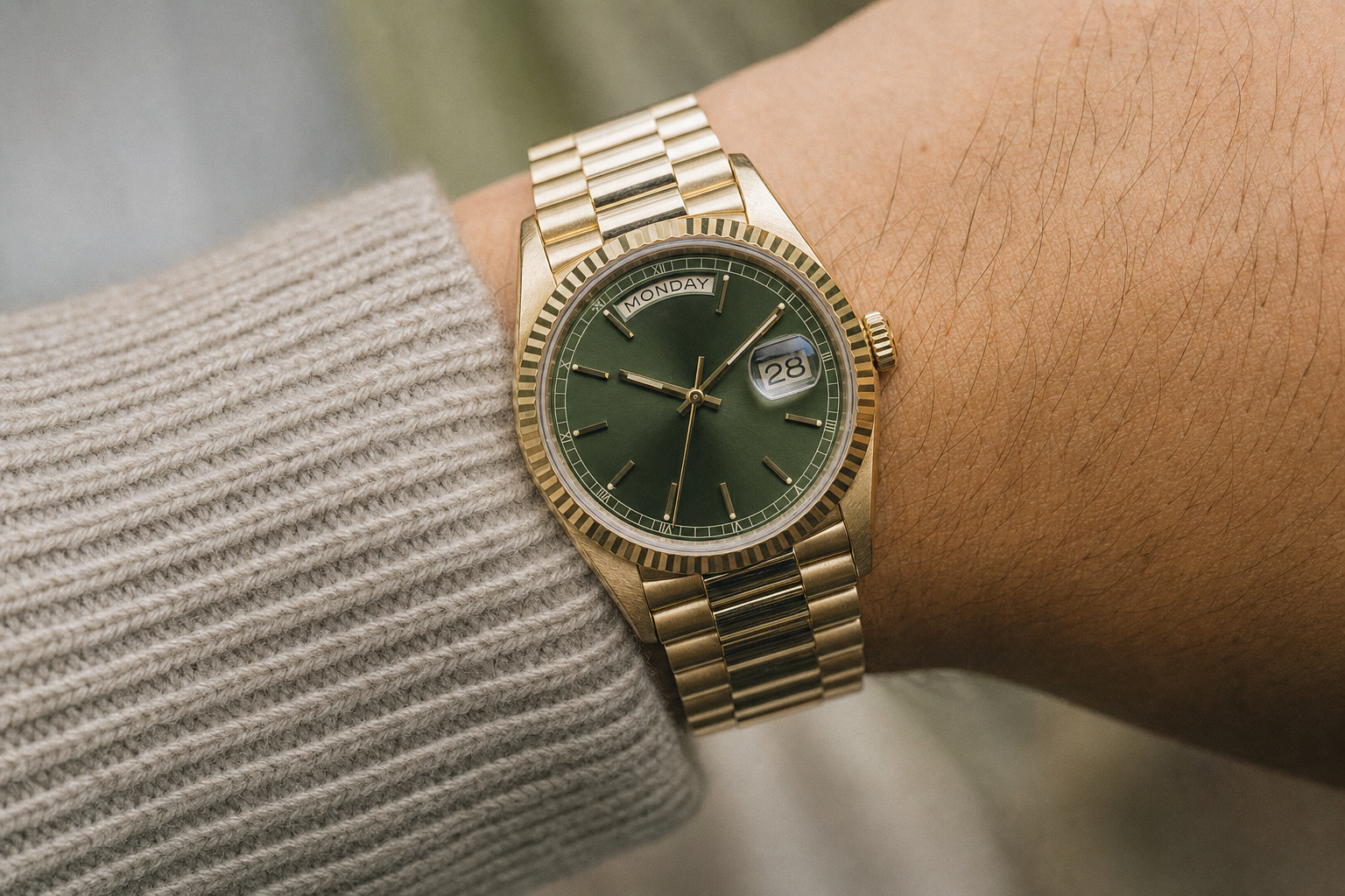 Iconic Rolex Day-Date President 40mm in yellow gold with striking green dial and fluted bezel on President bracelet, classic luxury timepiece
