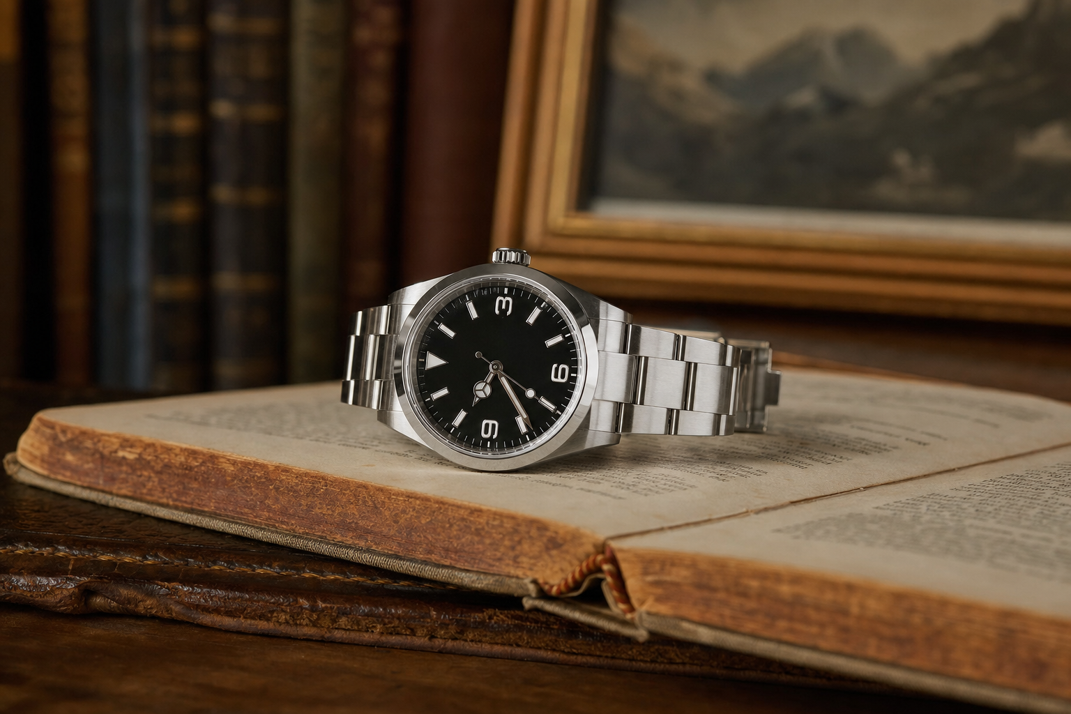 Close-up of modern Rolex Explorer 124270, 36mm stainless steel watch with black dial, 3-6-9 numerals, and Oyster bracelet, symbolizing adventure.
