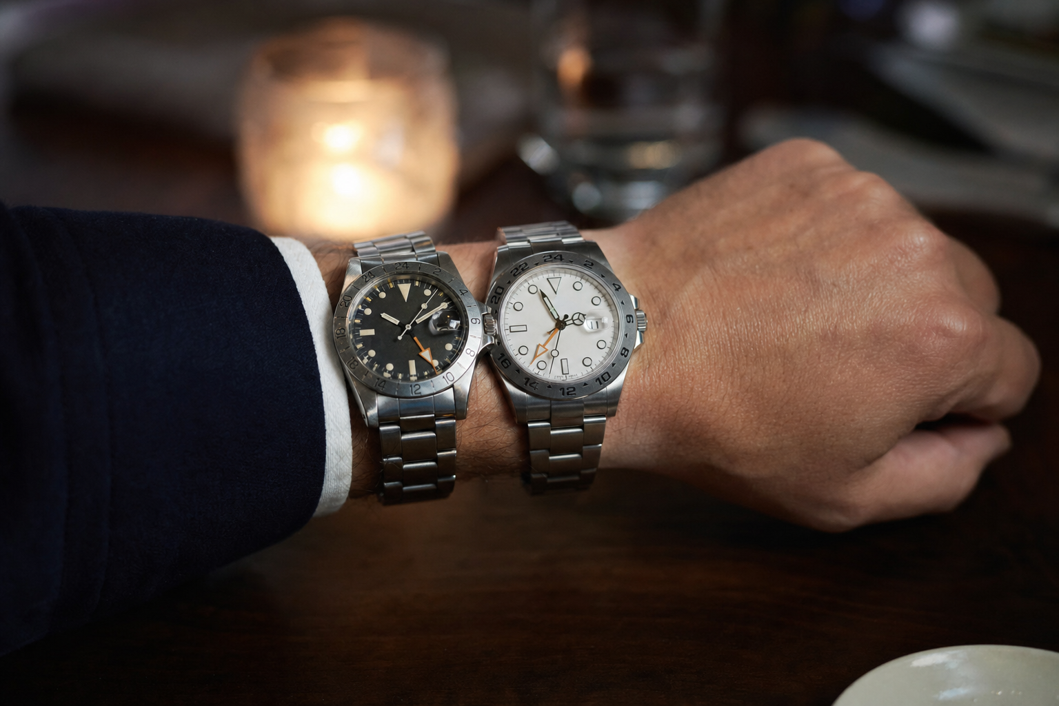 Vintage Rolex Explorer II 1655 'Freccione' with large orange hand alongside a modern Rolex Explorer II 226570 'Polar' dial, showing lineage.