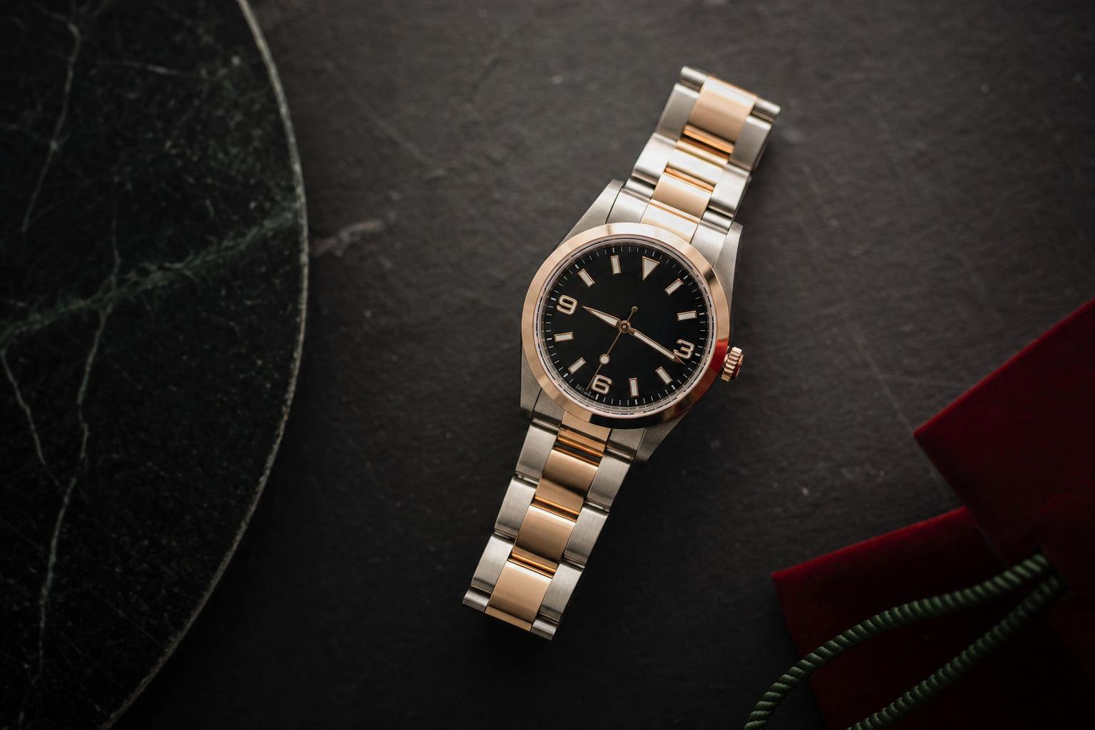 Overhead view of Rolex Explorer 124273, a two-tone 36mm Everose Rolesor watch, on a textured background, emphasizing luxury and contemporary design.